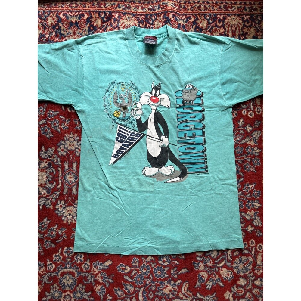 Vintage 1993 Warner Bros Sylvester GEORGETOWN Teal Tshirt Sz L USA Single Stitch